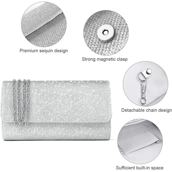Shiny Silver Clutch Purse for Women, Evening Shoulder Bag for Wedding & Party - Picture 5 of 9